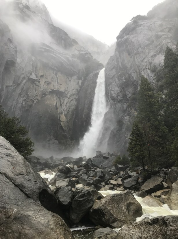 Yosemite falls bottom in rain